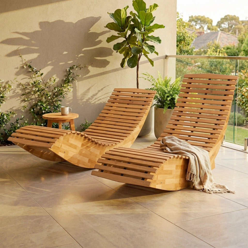 Set di 2 Sedia Dondolo Esterno. Sdraio Pieghevole Ergonomica Legno Acacia. Naturale.