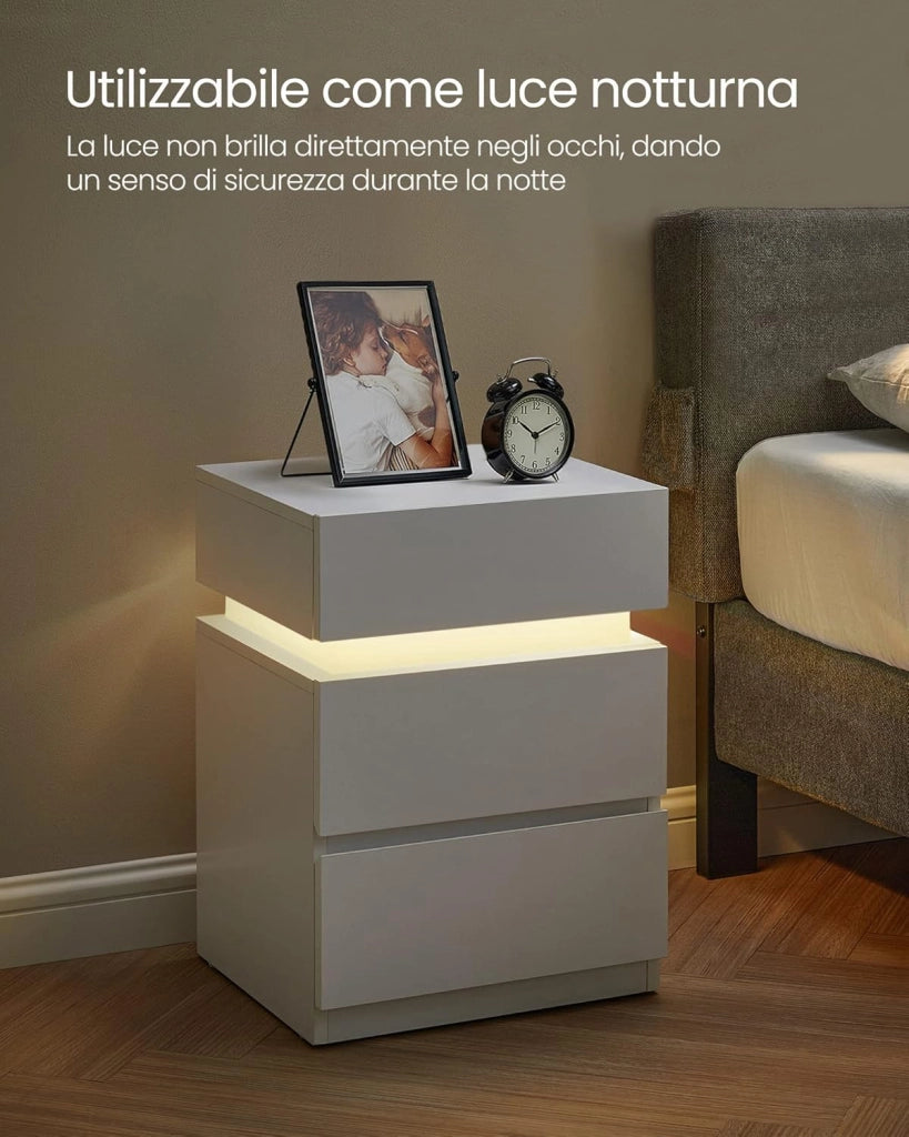 VASAGLE KAILYN Collezione - Comodino con Striscia Luminosa di Luci a LED Multicolore Variabile, 3 Cassetti, Tavolino in Stile Moderno, 35 x 40 x 55 cm, Bianco LET630T10