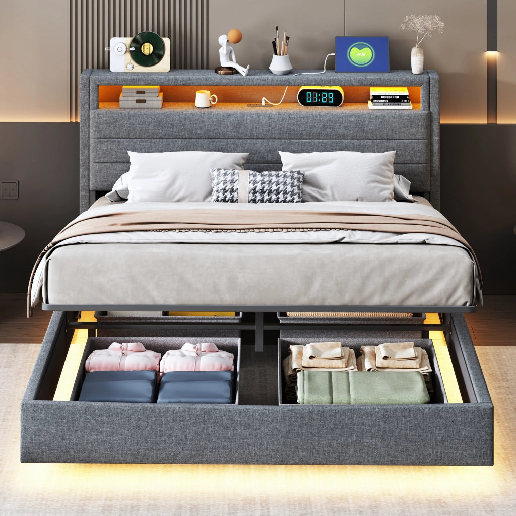OKWISH Letto Contenitore 140×200 cm, Letto Matrimoniale con Vano Idraulico, USB, LED Regolabile e Testiera Girevole, senza Materasso, Grigio