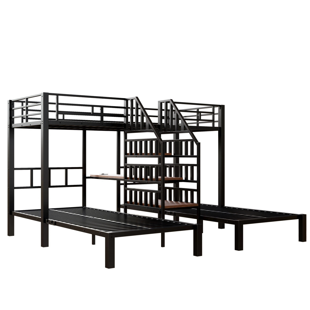 Letto a castello 90×200 cm 3 posti con LED; vano contenitore; ripiano; USB; presa e scrivania; senza materasso; nero