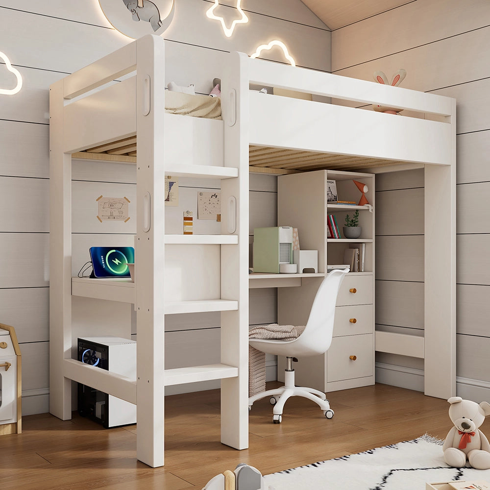 Letto a castello-Xylo-90x200 cm-scrivania L, ripiani, cassetti, USB/Type-C, bianco