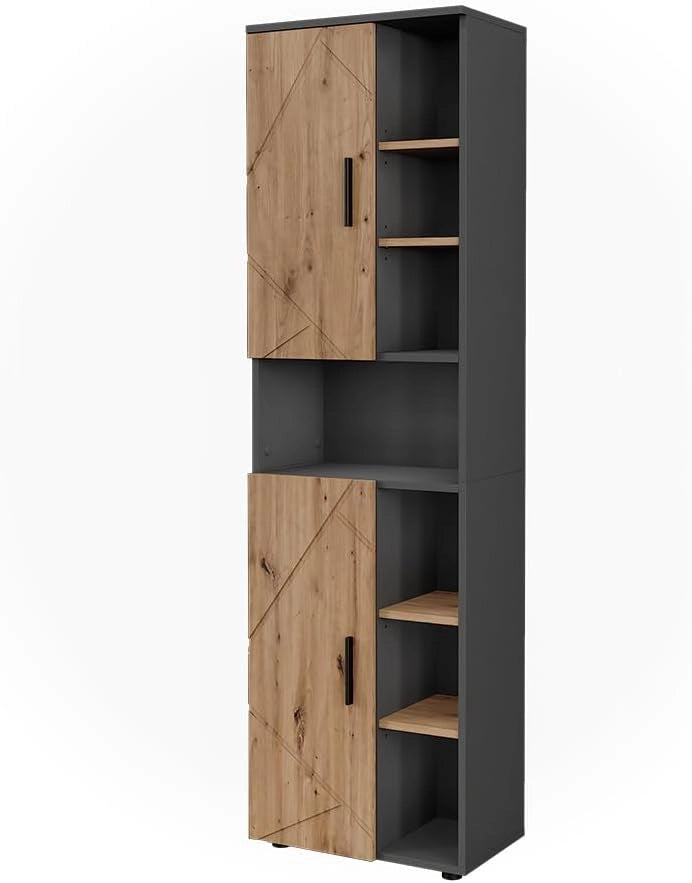 Mobili alti Irma, Antracite/Artisan, 50 x 172 cm con 3 porte, con cesto della biancheria integrato per la separazione dei tipi di bucato
