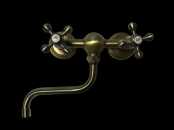 Rubinetto gruppo lavello a parete bronzato, vecchio ottone maniglie a stella rosoni decorati