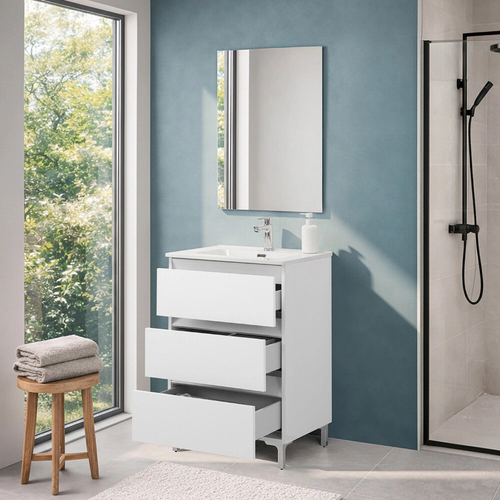 Mobile bagno a terra 60 cm in bianco lucido con lavabo e specchio Leda