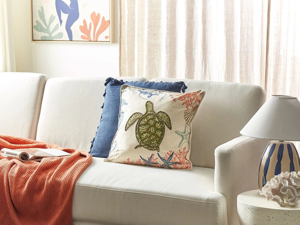 Cuscino in lino beige quadrato con motivo tartaruga marina accessorio divano salotto camera da letto