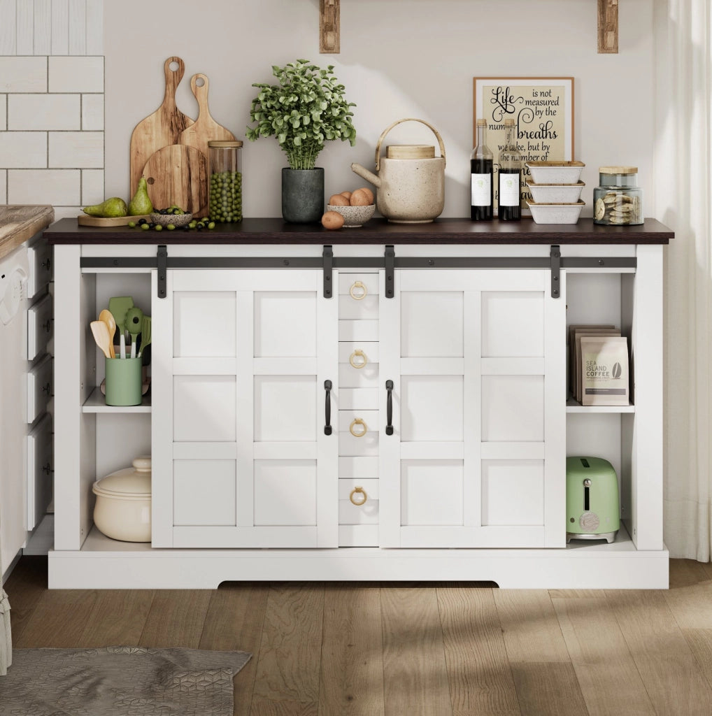 Credenza moderna e rustica 150 x 40 x 85 cm con ante scorrevoli; 4 cassetti; bianca in MDF
