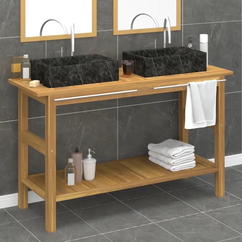 Mobile VanitÃ  Bagno e Lavandini Marmo Nero Legno Massello Teakcod mxl 101460