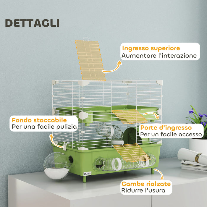 Gabbia per Criceti a 2 Livelli 44,5x28x44 cm 3 Porte con Ruota e Tubi Verde e Bianco