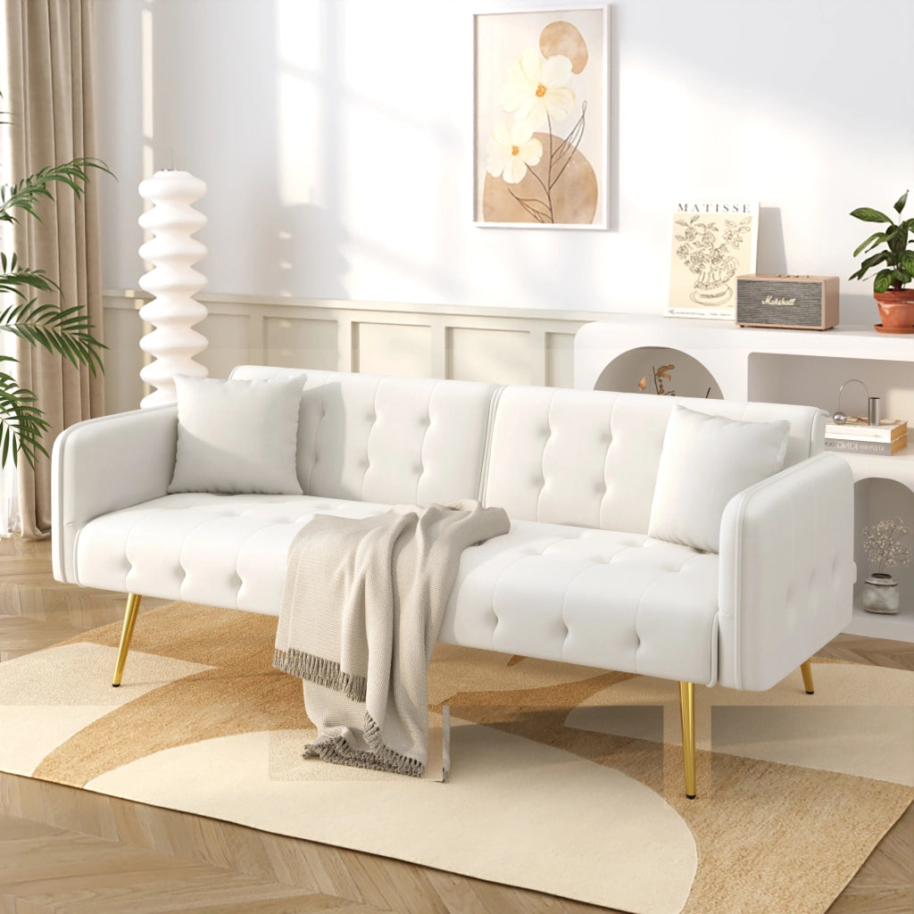 OKWISH Divano Letto 2 Posti, Schienale Regolabile e Braccioli Multi Posizione, con Cuscini, Velluto, Bianco Antico