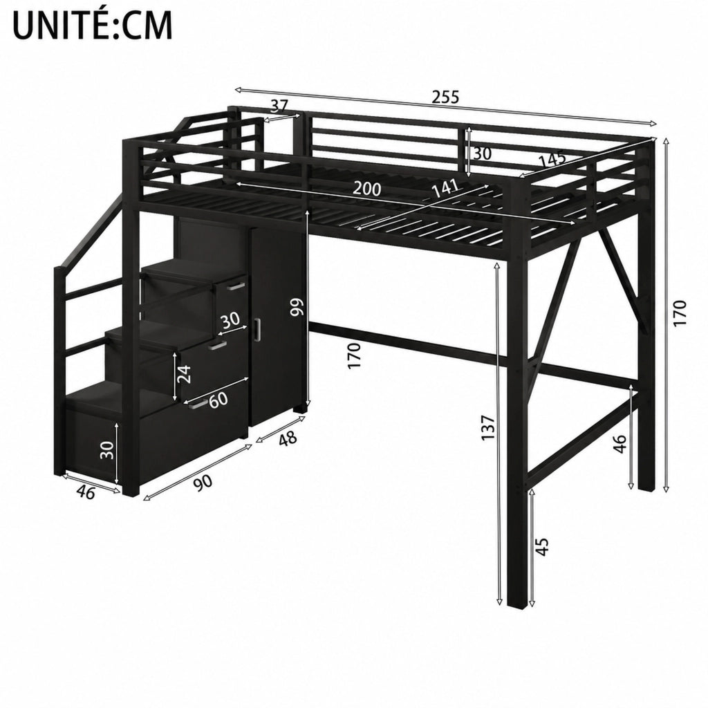 Letto a soppalco 140 × 200 cm con 3 vani contenitore, armadio, LED regolabile, scala contenitore, senza materasso, nero
