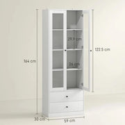 CREDENZA CUCINA CON ARMADIETTO E 2 CASSETTI, ANTE IN VETRO E RIPIANI REGOLABILI, 59X30X164 CM, BIANCO
