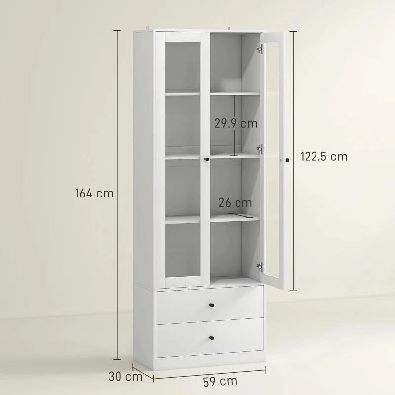 CREDENZA CUCINA CON ARMADIETTO E 2 CASSETTI, ANTE IN VETRO E RIPIANI REGOLABILI, 59X30X164 CM, BIANCO