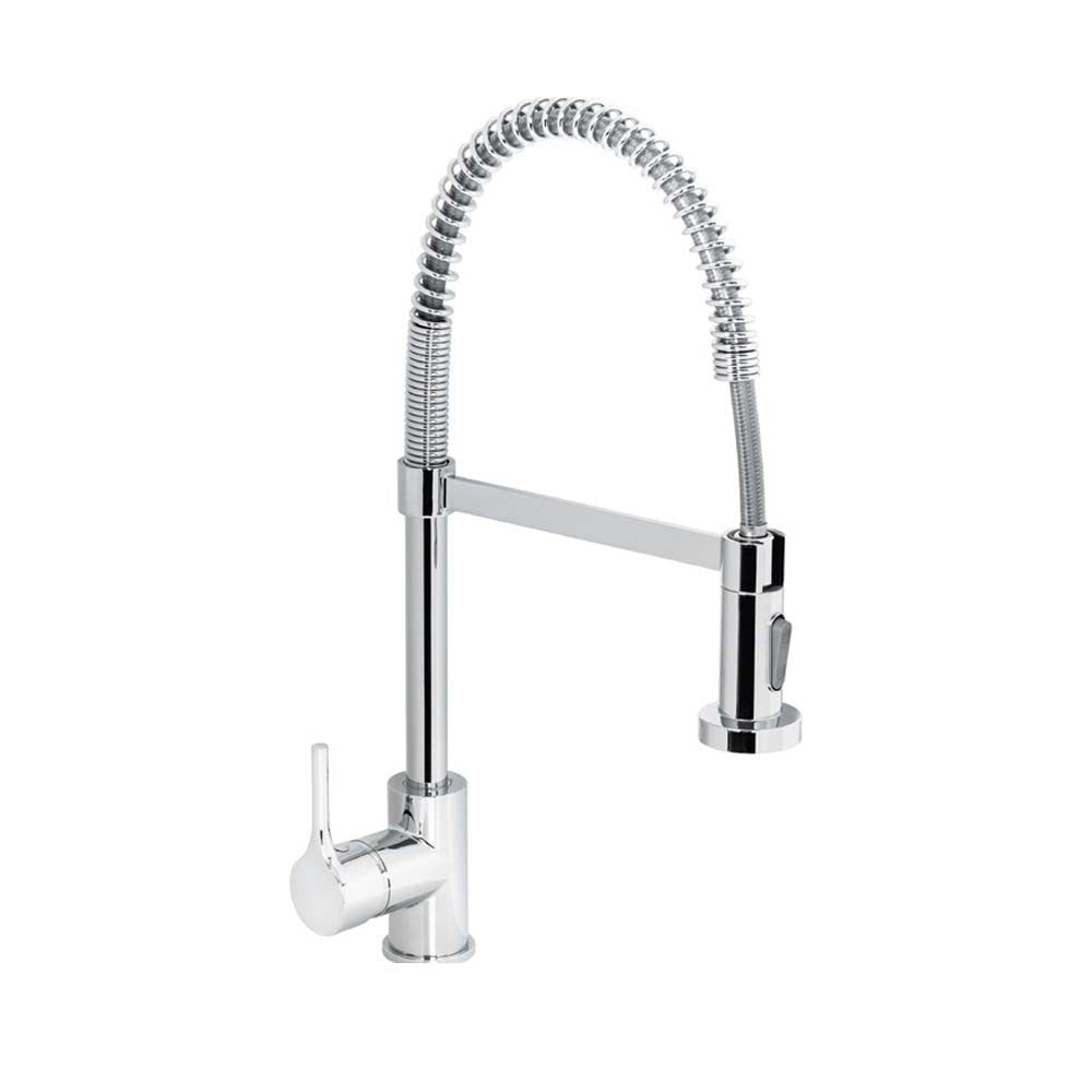 Miscelatore per lavello con bocca alta a molla, provvisto di doccetta a 2 getti con attacco magnetico, serie denver