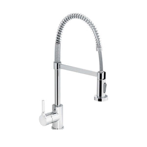 Miscelatore per lavello con bocca alta a molla, provvisto di doccetta a 2 getti con attacco magnetico, serie denver