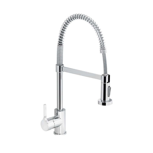 Miscelatore per lavello con bocca alta a molla, provvisto di doccetta a 2 getti con attacco magnetico, serie denver