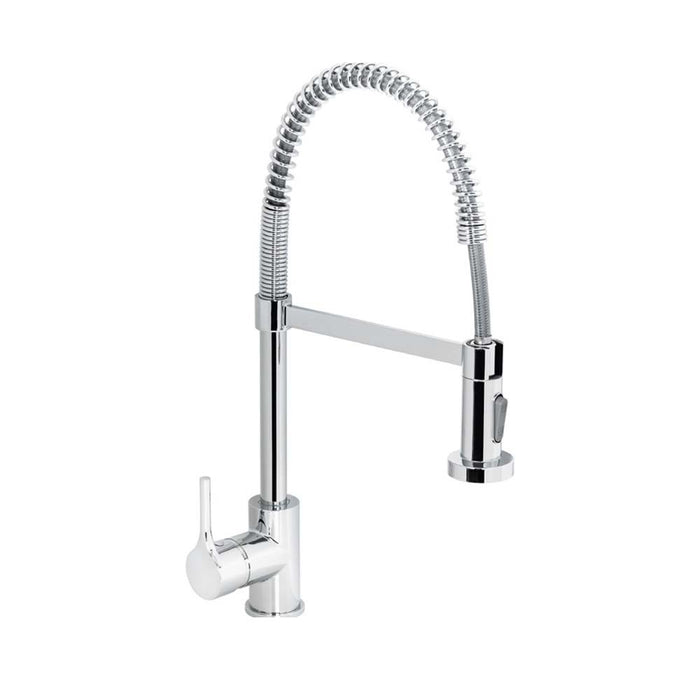 Miscelatore per lavello con bocca alta a molla, provvisto di doccetta a 2 getti con attacco magnetico, serie denver