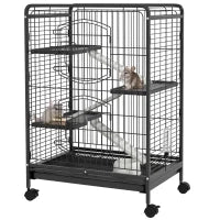 Gabbia per Piccoli Animali e Piccoli Roditori con Ruote, Gabbietta per Conigli e Cincillà con 3 Rampe e 3 Piattaforme, Ciotola e Bottiglia, 61.5x44x95 cm, Nero