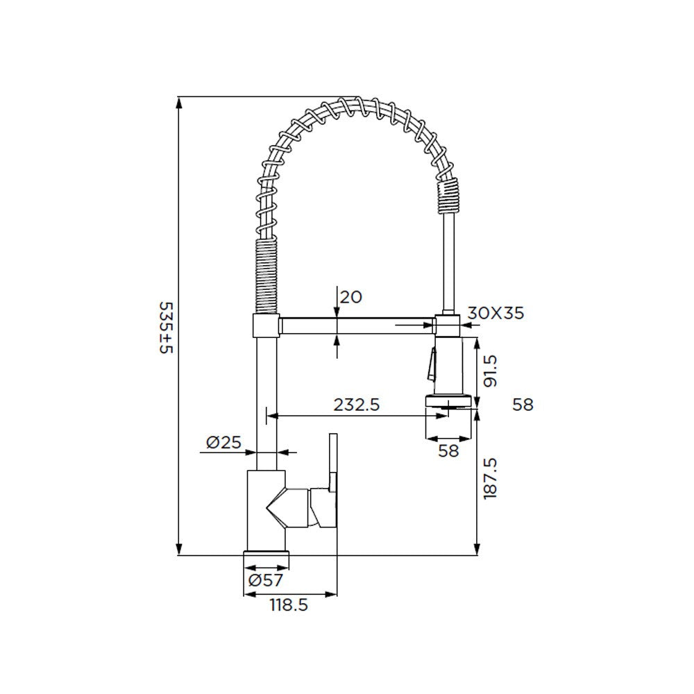 Miscelatore per lavello con bocca alta a molla, provvisto di doccetta a 2 getti con attacco magnetico, serie denver
