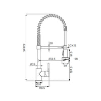 Miscelatore per lavello con bocca alta a molla, provvisto di doccetta a 2 getti con attacco magnetico, serie denver