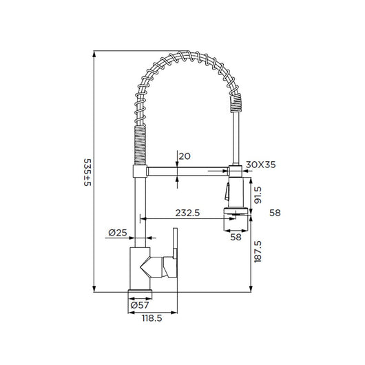 Miscelatore per lavello con bocca alta a molla, provvisto di doccetta a 2 getti con attacco magnetico, serie denver