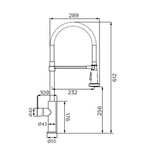 Rubinetto per lavello con bocca alta, provvisto di doccetta a 2 getti con attacco magnetico, serie miami