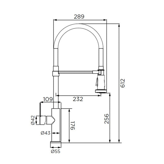Rubinetto per lavello con bocca alta, provvisto di doccetta a 2 getti con attacco magnetico, serie miami