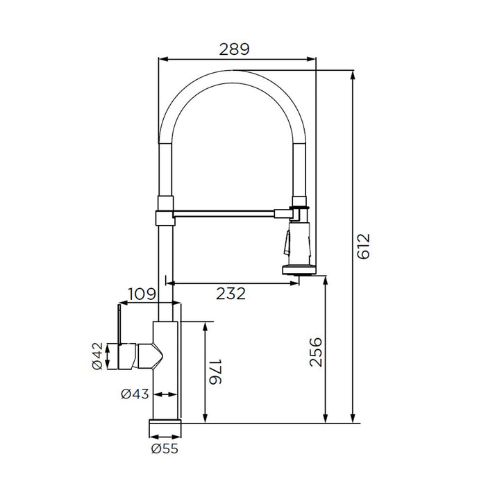 Rubinetto per lavello con bocca alta, provvisto di doccetta a 2 getti con attacco magnetico, serie miami
