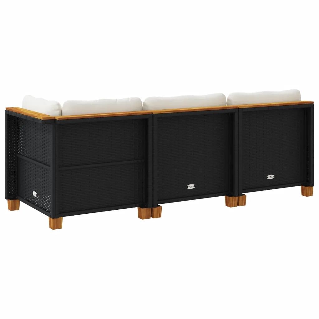 Divano da Giardino a 3 Posti con Cuscini-Sofa da Giardino-Divano da esterno Nero in Polyrattan 875500