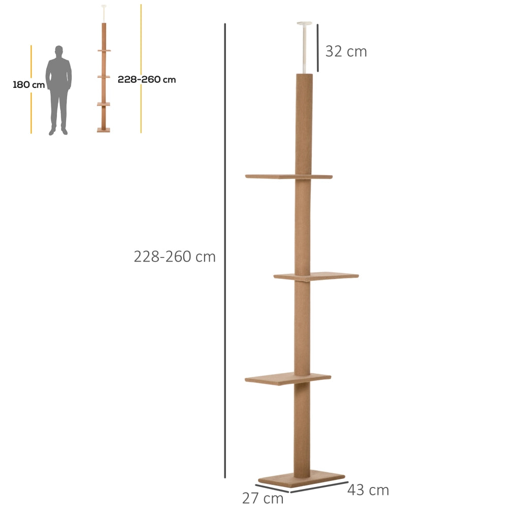Albero Tiragraffi Regolabile in Altezza per Gatti, Marrone, 43 x 27 x 228-260 cm