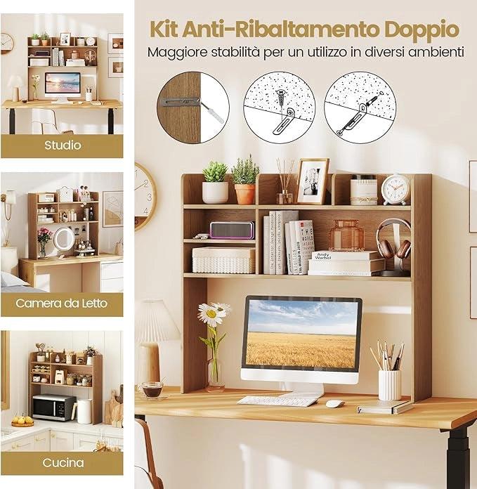 Libreria da Scrivania, Scaffale da Scrivania con 6 Ripiani in Legno, Scomparto Aperto per Monitor 32", Espositore per Dormitori Uffici Studio, 94 x 24 x 85 cm (Naturale)