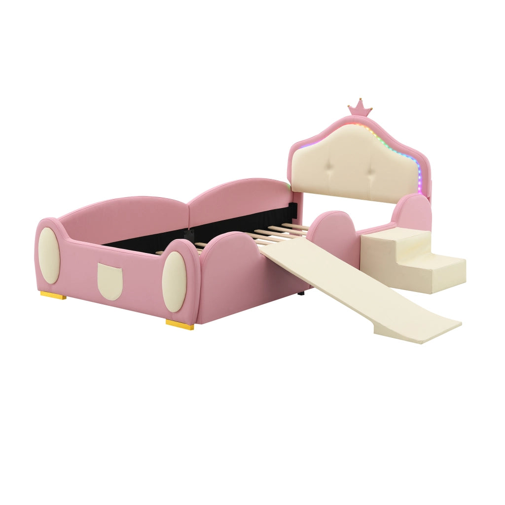 Crown Cartoon Kids Bed;90x200 cm;with LED lights;small slide;stairs;pink