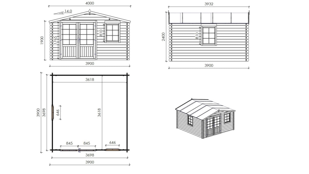 Casetta da giardino in legno - 15.21m2 - 3.9x3.9m - 40mm - colore: naturale - DOM658 - ALTANKA