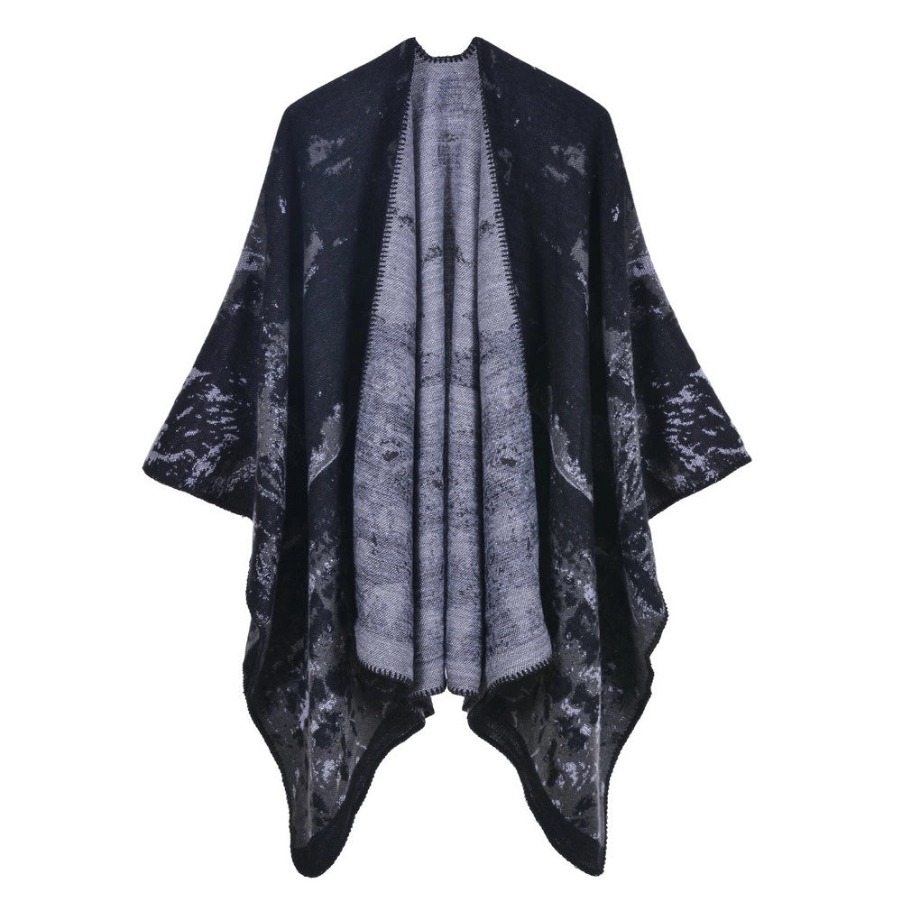 Nuovo scialle/mantella in jacquard di cashmere alla moda con spacchi, spesso e ampio, da donna.