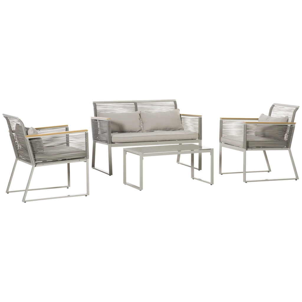 EasyComfort Set da Giardino 4 Pezzi in Rattan PE con 2 Poltrone, Divanetto e Tavolino da Caffè in Vetro Temperato Grigio