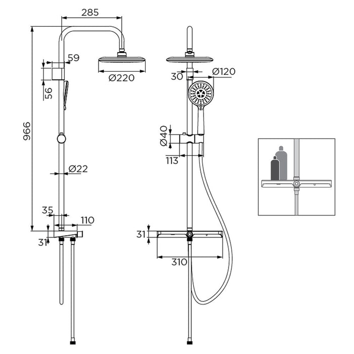 Colonna doccia serie honduras con mensola portaoggetti, cromata