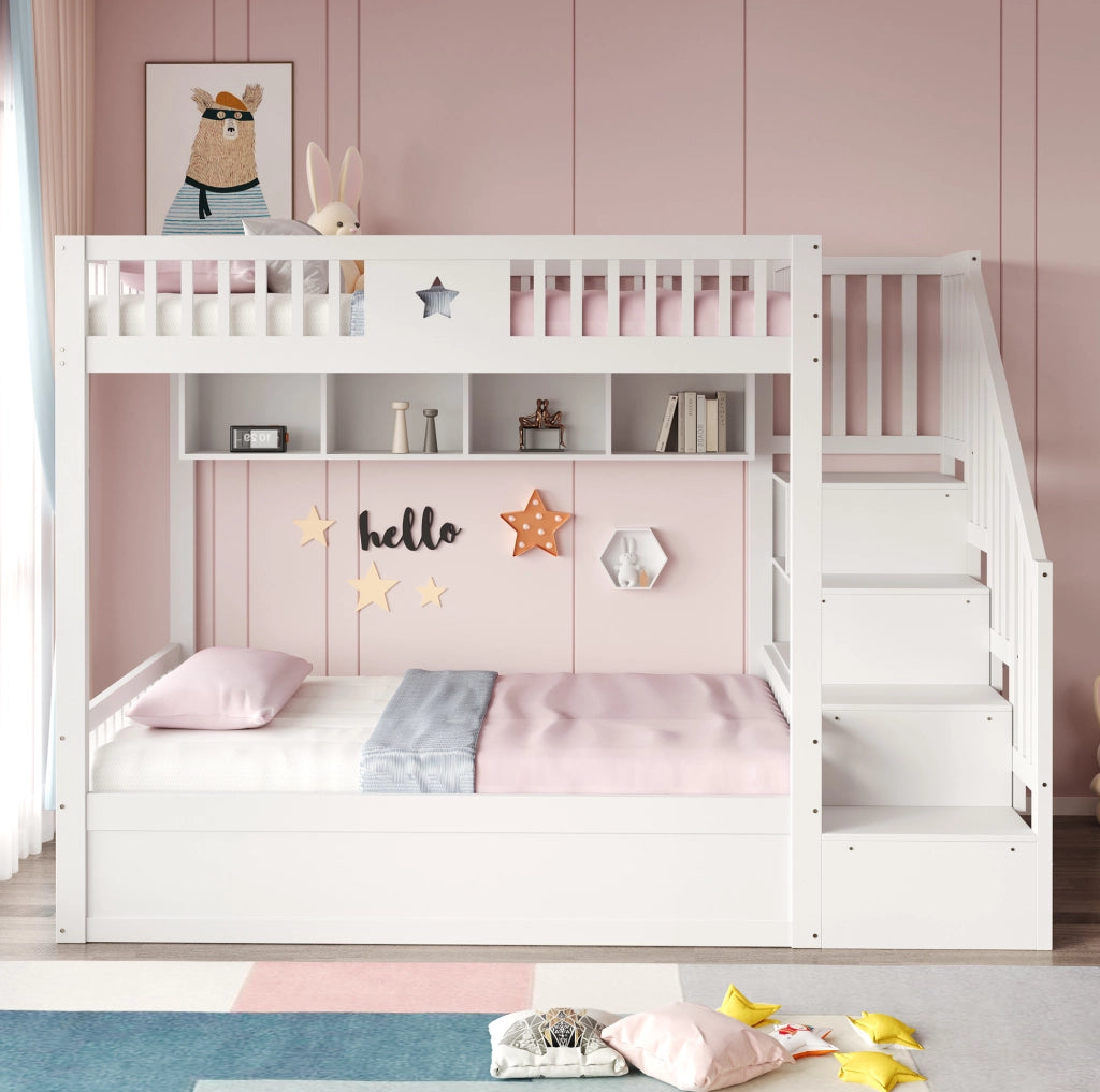 Letto a castello ULEVR 140x200 cm con letto inferiore idraulico, scala contenitore e ripiani, bianco