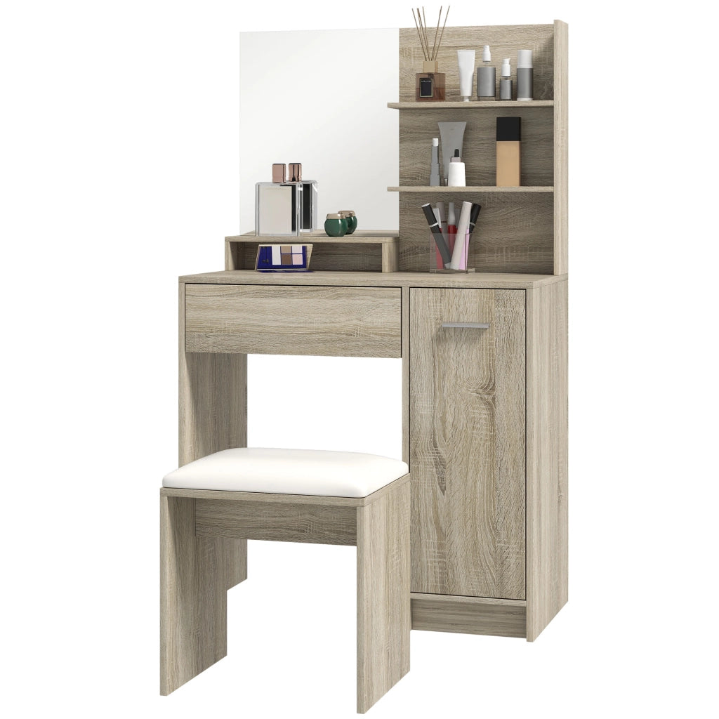 Cassettiera per trucco con specchio e sgabello ¨C zephmum ¨C naturale e beige