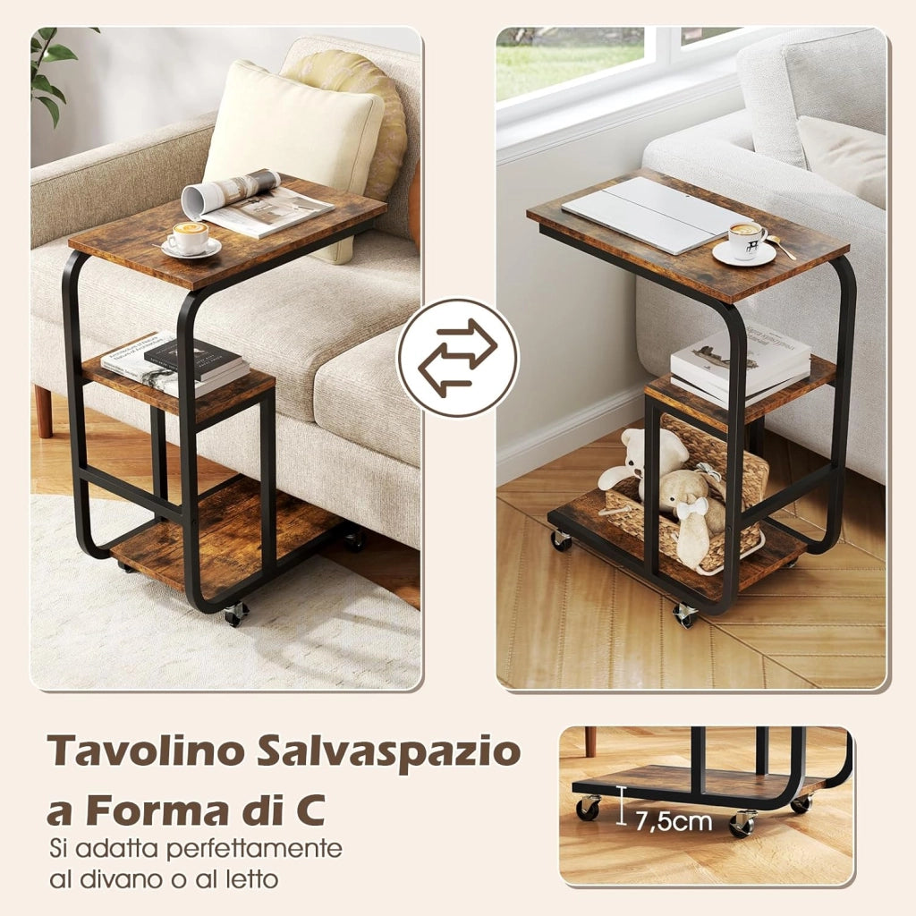 Tavolino Laterale a Forma di C, Tavolino da Salotto con Ruote Bloccabili, Ripiani Aperti e Struttura in Metallo, Tavolino Salvaspazio per Camera da Letto e Soggiorno (2)