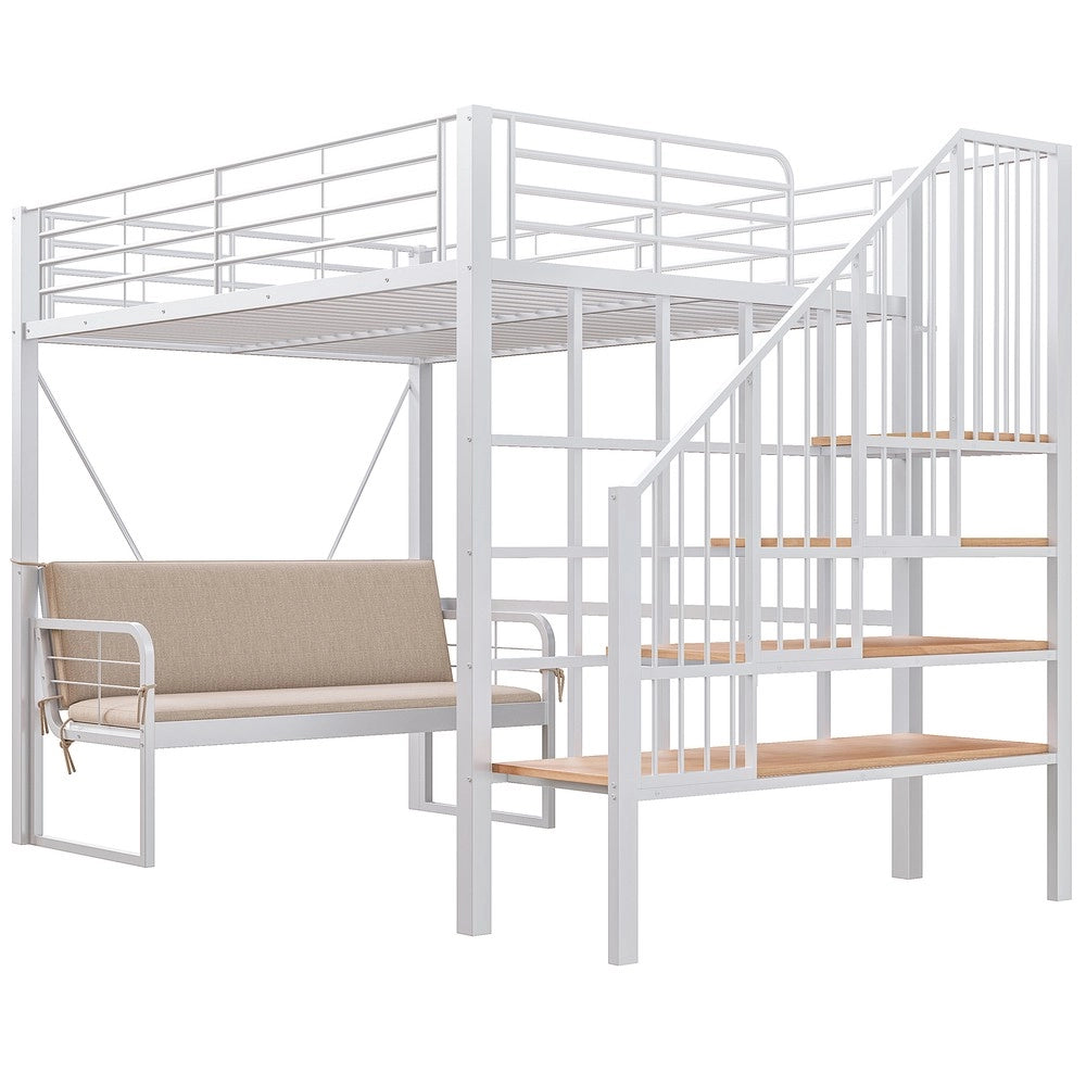 Letto a Castello con Divano Imbottito, Contenitore e Scala ¨C Xylo ¨C Bianco 140x200