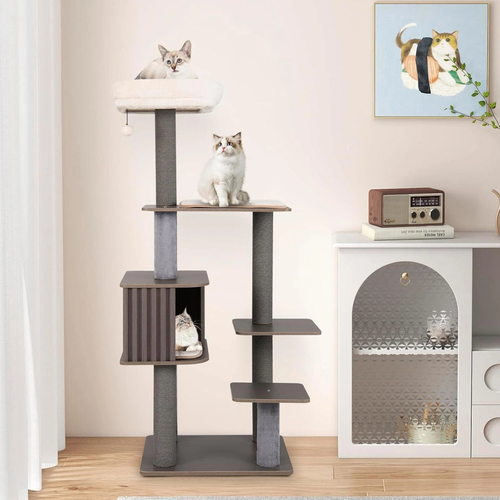 Albero per Gatti a 6 Livelli, Torre per Gatti Alta 151 cm con Condominio, Tappetini Removibili e Tiragraffi, Albero Tiragraffi per Arrampicata per Gattini in Legno con Palla Pompom Appesa