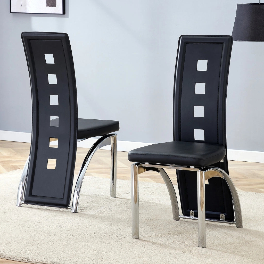 Sedie da pranzo in PU pelle con schienale traforato e gambe in metallo, set 2 pezzi, nero e argento