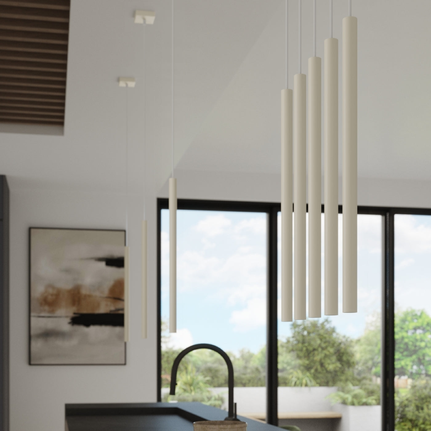 Lampada a sospensione Pastelo Ocean Green a 5 luci, in acciaio, moderna, beige, 25x104 cm