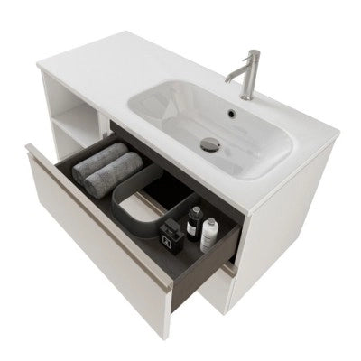 Mobile bagno sospeso 100 cm bianco opaco con cassetti e vani a giorno completo di lavabo a destra e specchio contenitore Master