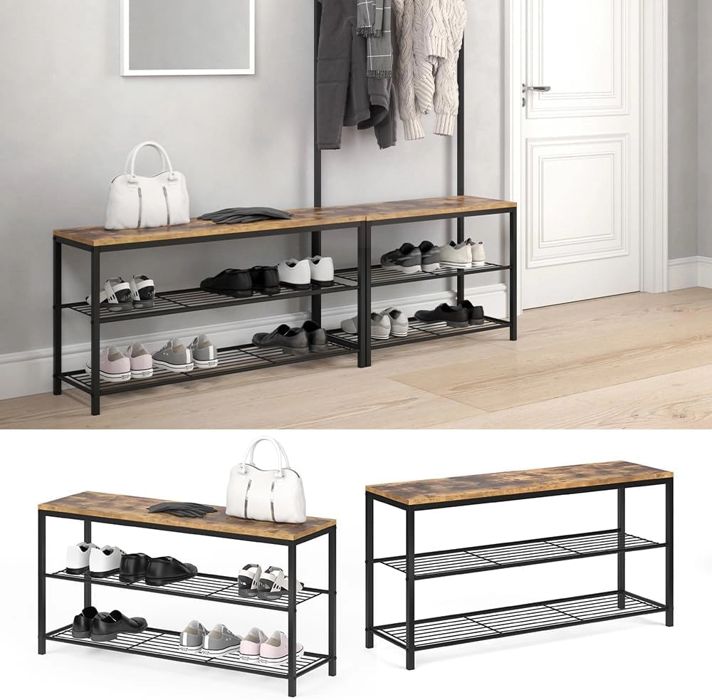 Panca scarpiera da ingresso Fyrk, Legno antico, 100 x 51.5 cm, con due ripiani per una conservazione ordinata delle scarpe