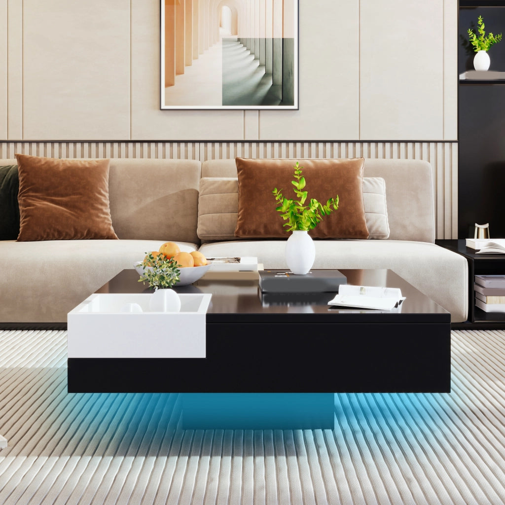 TAVOLINO 72x72x30 cm Bianco/Nero in truciolare con LED