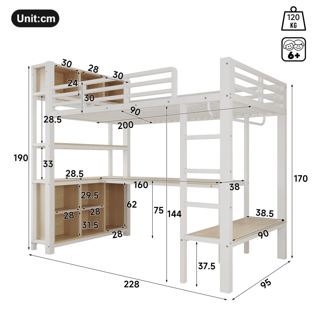 Letto a soppalco 90x200 cm con scrivania; appendiabiti; ripiani e vani portaoggetti; bianco