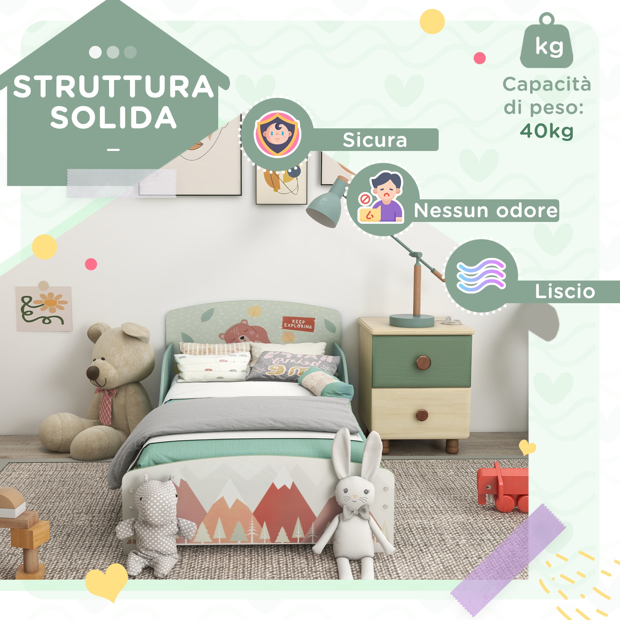 Struttura Letto Singolo per Bambini 77x143x60 cm con Bordi Rialzati e Doghe Verde