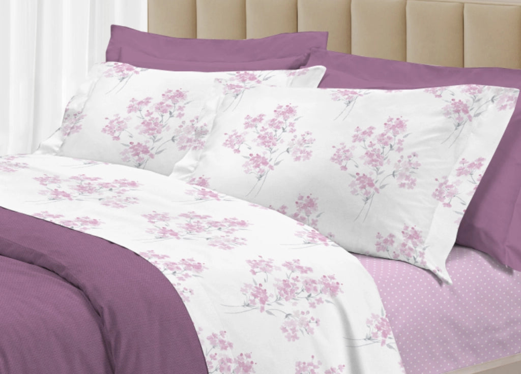 Completo Lenzuola Letto 100% Cotone Made Italy 3027 Disegno Primavera - Singolo - Rosa
