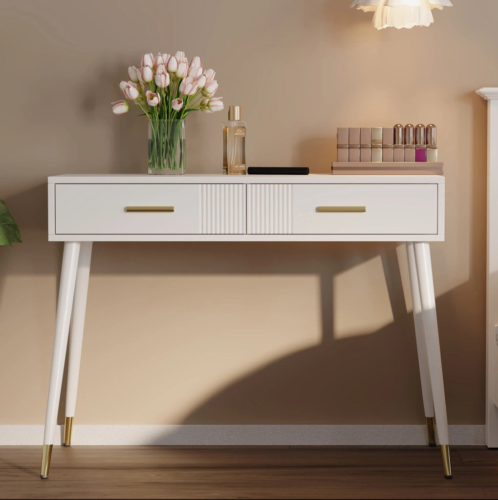 Tavolo da toeletta 100x40x76 cm con 2 cassetti; bianco