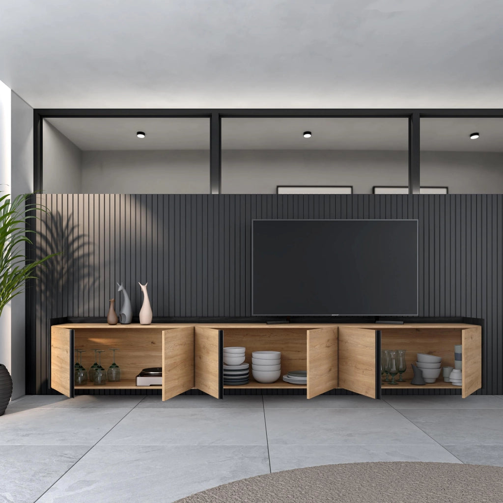 Mobile TV Soggiorno, 309x50x35 cm, Per TV fino a 80", Sospeso, da appendere, Rovere e nero